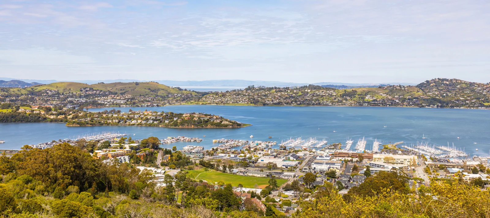 Communities and green hills surrounding San Francisco Bay