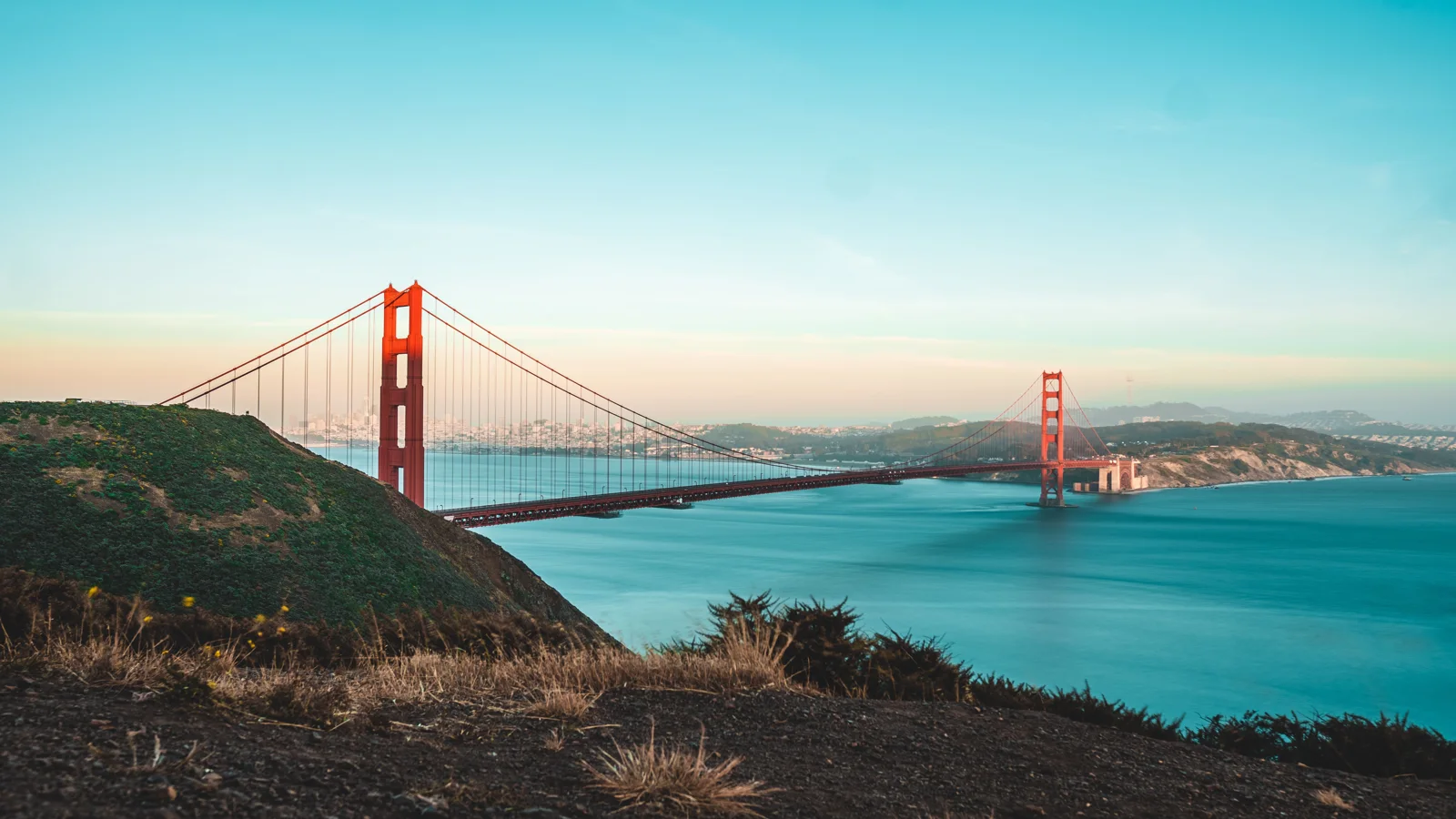 The Golden Gate Bridge connecting the shores of San Francisco Bay