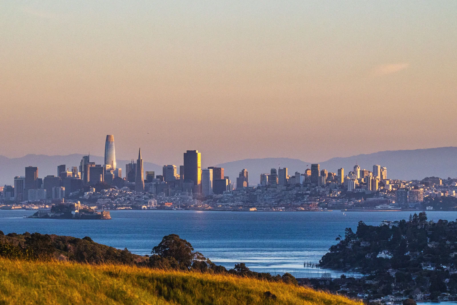 San Francisco skyline across the bay at sunset