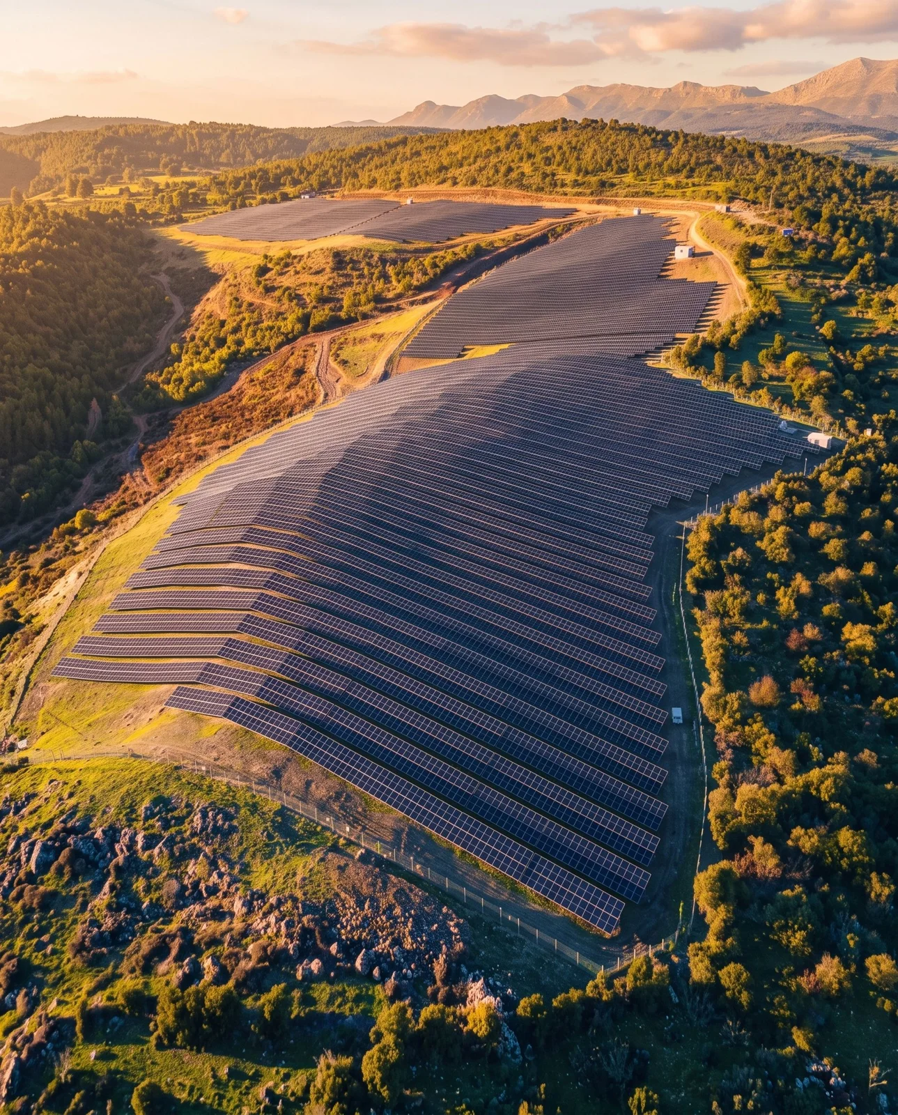 Solar panels following the contours of a wooded landscape