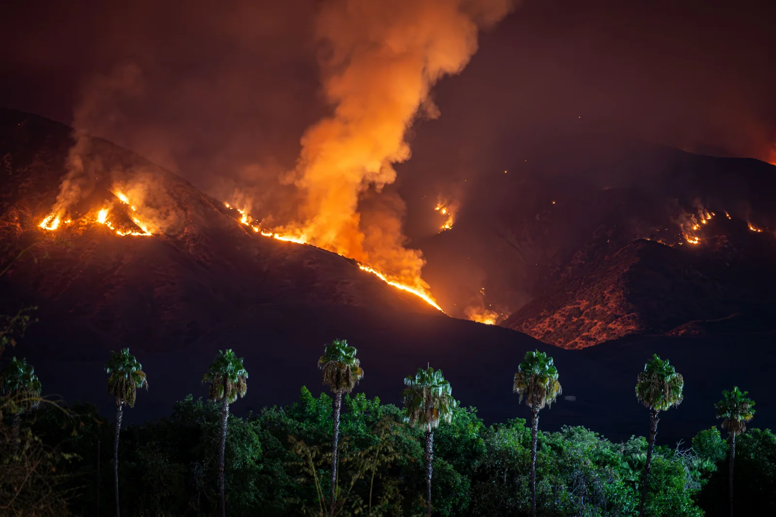 Fire burning across a hillside at night