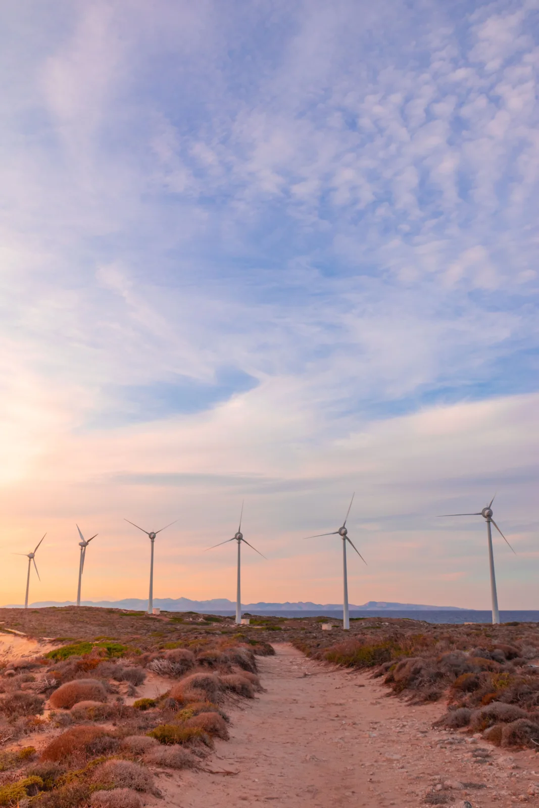 Coastal wind turbines beneath a pastel sky